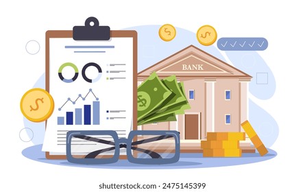 Financial analysis. Tax report with graphs and diagrams near house. Financial literacy, budgeting and accounting. Passive income, investing and trading. Cartoon flat vector illustration