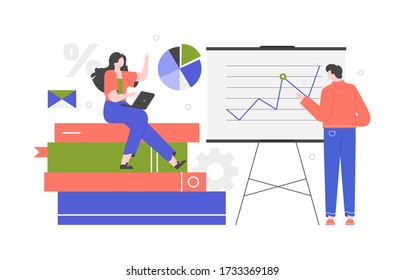 Financial analysis and training. A girl with a laptop sits on a stack of books, a guy stands at the blackboard with a graph. Vector flat illustration.