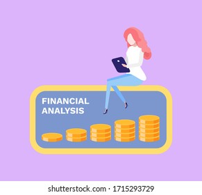 Financial analysis vector, person using gadget and sitting on infographic made of gold coins. Finance and assets of lady, deposit and money saving