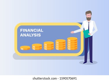 Financial analysis vector, presenter with infographic made in coins, gold money assets, predictions of banking service. Presenting new ideas of bank