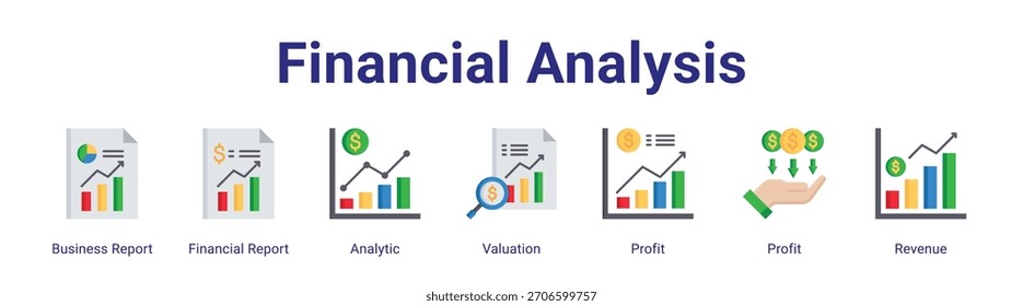 Ícone de vetor de banner da Web do Financial Analysis com conceito de ilustração de vetor de Relatório Comercial, Relatório Financeiro, Analítico, Avaliação, Lucro, Lucro e Receita em um conjunto de coleta.
