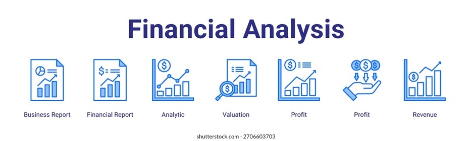 Financial Analysis web banner icon vector illustration concept featuring Business Report,Financial Report,Analytic,Valuation,Profit,Profit and Revenue in a collection set.