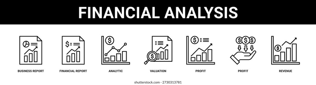 Estilo sólido de coleção de conjuntos de ícones de banner da Web do Financial Analysis.