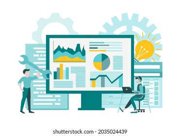 Financial analysis and web business analytics. Teamwork, support for programmers and analysts. Concept vector illustration.