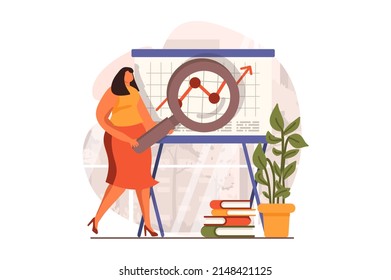 Financial analysis web concept in flat design. Woman making marketing research and doing report at business conference. Audit, investment and accounting. Vector illustration with people scene