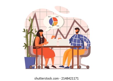 Financial analysis web concept in flat design. Woman and man analyzing data and making research, create strategy at meeting. Audit, investment and accounting. Vector illustration with people scene