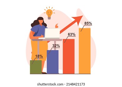 Financial analysis web concept in flat design. Woman analyzing data and making research, create investment strategy, consulting. Audit, investment and accounting. Vector illustration with people scene