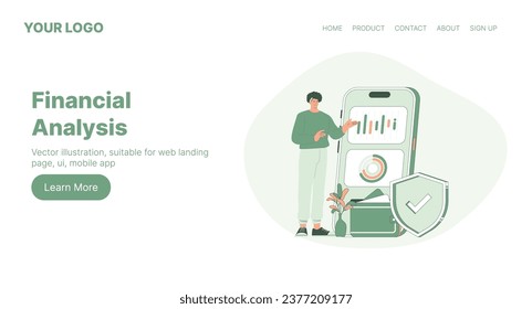 Análisis Financiero. Diseño de página de inicio web. Ilustración de vectores de dibujos planos. Ilustración vectorial, adecuada para página de inicio web, ui, aplicación móvil