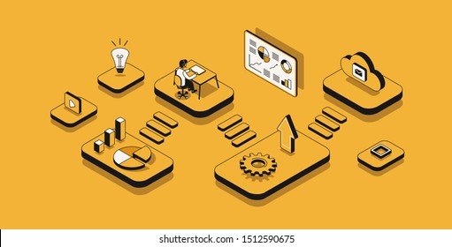 Análisis financiero, proceso de trabajo en la oficina, datos de análisis estadístico, estrategia financiera de gestión de mecanismos, análisis en línea de la conducta humana, 3d ilustración isométrica vectorial.