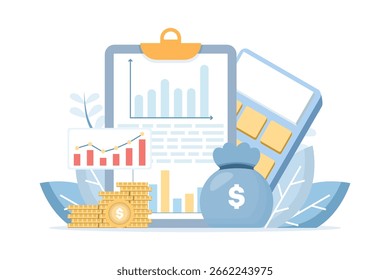 Financial Analyst Accounting Concepts, Data Analysis, Strategic Business and Data Technology, Charts, and Financial Growth Management in Marketing and Financial Reports. flat design.
