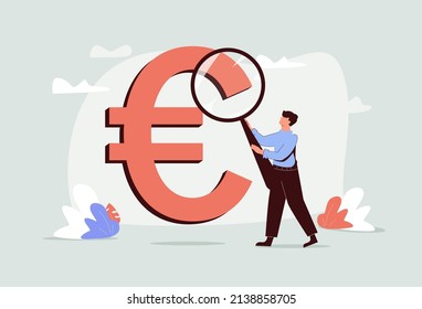 Financial analyst to check for Europe economy, debt or currency, investment analysis or analyze expense and cost concept, smart businessman with magnifier to look and analyze Euro money symbol.