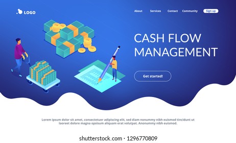 Financial analyst with computer and pen calculating cash flow statement. Cash flow statement, cash flow management, financial plan concept. Isometric 3D website app landing web page template