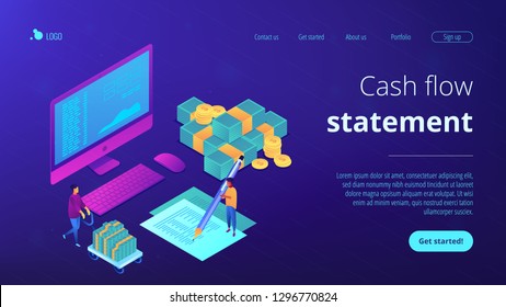 Financial analyst with computer and pen calculating cash flow statement. Cash flow statement, cash flow management, financial plan concept. Isometric 3D website app landing web page template