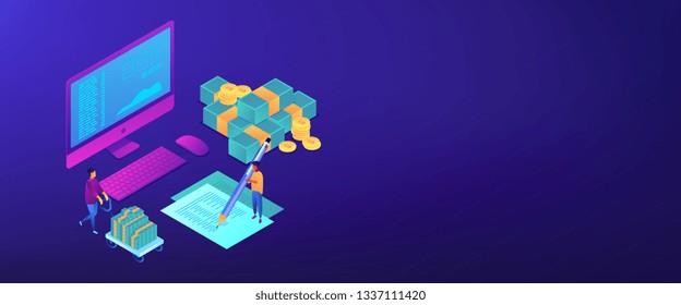 Financial analyst with computer and pen calculating cash flow statement. Cash flow statement, cash flow management, financial plan concept. Isometric 3D banner header template copy space.