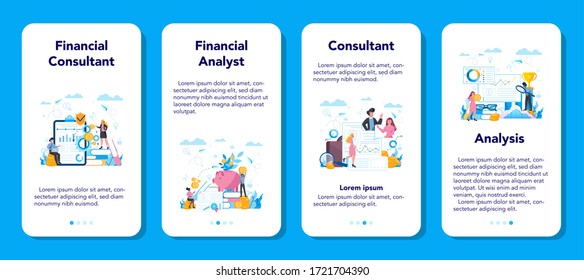 Analista financiero o consultor de aplicaciones móviles conjunto de banners. Funcionamiento financiero de carácter comercial. Análisis de mercado, evaluación financiera, activos monetarios. Ilustración vectorial plana aislada