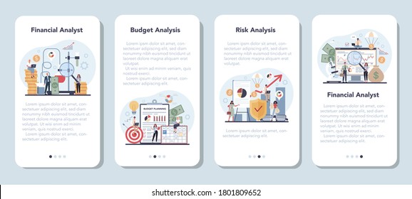 Finanzanalyst oder Berater Mobile Application Banner Set. Finanzoperation mit Unternehmenscharakter. Marktanalysen, Finanzbewertungen, Vermögensgegenstände. Einzelne flache Vektorgrafik