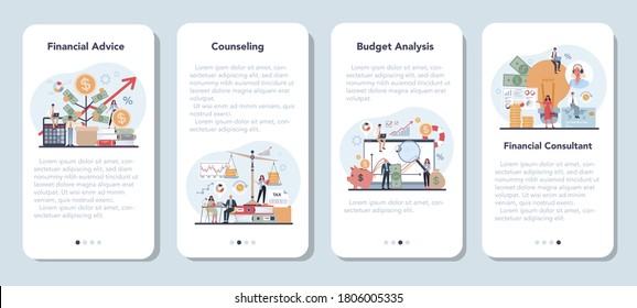 Financial analyst or consultant mobile application banner set. Business character making financial operation. Budget analysis, financial consultant, counseling. Isolated flat vector illustration