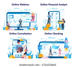 Financial analyst or consultant online service or platform set. Business character making financial operation. Online consultation, webinar or website. Isolated flat vector illustration