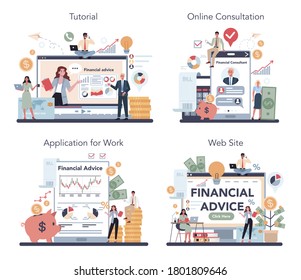 Financial analyst or consultant online service or platform set. Business character making financial operation. Online tutorial, consultation, application, website. Isolated flat vector illustration