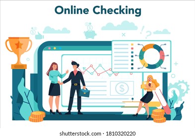 Financial analyst or consultant online service or platform. Business character making financial operation. Online checking. Isolated flat vector illustration