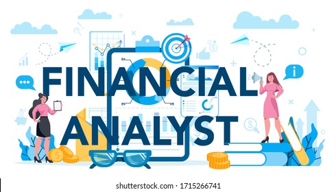 Financial analyst or consultant typographic header concept. Business character making financial operation. Market analysis, financial assessment, monetry assets. Isolated flat vector illustration