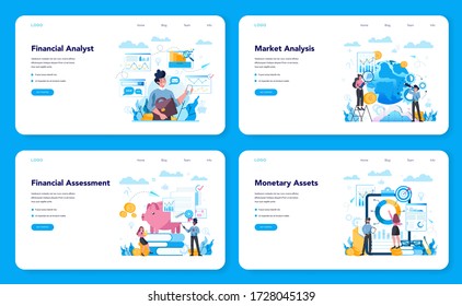 Financial analyst or consultant web banner or landing page set. Business character making financial operation. Market analysis, financial assessment, monetry assets. Isolated flat vector illustration