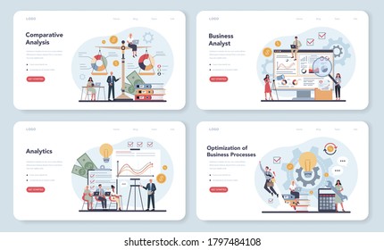 Financial analyst or consultant web banner or landing page set. Business character making financial operation. Market analysis, financial assessment, monetry assets. Isolated flat vector illustration