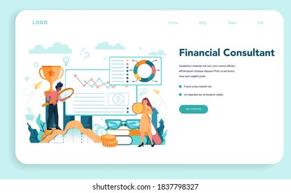 Financial analyst or consultant web banner or landing page. Business character making financial operation. Monetry assets. Isolated flat vector illustration