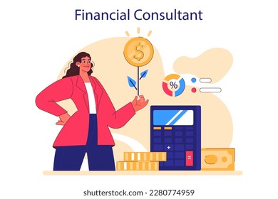 Financial analyst or consultant. Young female character counseling about financial operations. Budget and taxes analysis, investment and finance growth specialist. Flat vector illustration