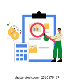 Financial Analyst Examining Report With Magnifying Glass In Flat Vector Illustration Symbolizing Business Analysis And Financial Planning, Isolated On White Background