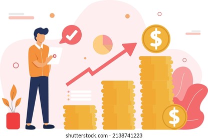 Analista financiero de estadísticas planas financian gráfico ilustrativo vectorial. Hombre analista financiero de pie junto con tomar el informe vector plano.