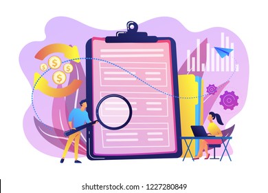 Financial analyst with magnifier looking at cash flow statement on clipboard. Cash flow statement, cash flow management, financial plan concept. Bright vibrant violet vector isolated illustration