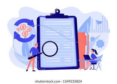 Financial analyst with magnifier looking at cash flow statement on clipboard. Cash flow statement, cash flow management, financial plan concept. Pink coral blue vector isolated illustration