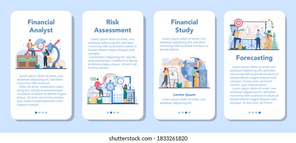 Analista financiero conjunto de banners de aplicaciones móviles. Operaciones financieras de creación de caracteres empresariales. Estudio financiero, previsión y evaluación de riesgos. Ilustración vectorial plana aislada