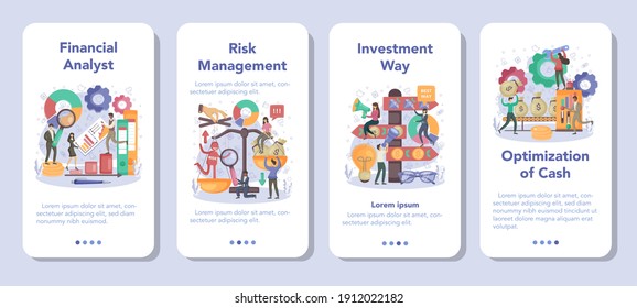 Financial analyst mobile application banner set. Business character making financial reviewing. Financial management optimization, risk and best investment analysis. Flat vector illustration