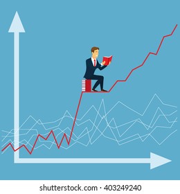 Financial analyst on the background of the chart. Businessman sitting on a pile of books and holding an open book in his hands. Young man reading a book. White red graph on a blue background. Vector.