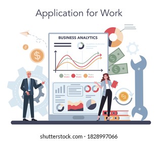 Financial analyst online service or platform. Business character making financial operation. Calculator, investment, research and contract. Application. Isolated flat vector illustration