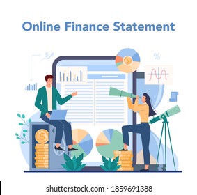 Financial analyst online service or platform. Business character making financial operation. Online finance statement. Isolated flat vector illustration