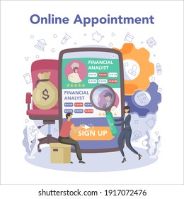 Financial analyst online service or platform. Financial management reviewing, optimization and analysis. Online appointment. Flat vector illustration
