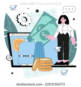 Financial analyst online service or platform. Office manager making income and expenses analysis, economic strategy reviewing. Online chat. Flat vector illustration