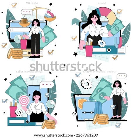 Financial analyst online service or platform set. Office manager making income and expenses analysis, economic strategy reviewing. Online call, chat, e-mail, website. Flat vector illustration