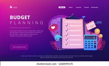 Financial analyst planning at checklist on clipboard, calculator and calendar. Budget planning, balanced budget, company budget management concept. Website vibrant violet landing web page template.