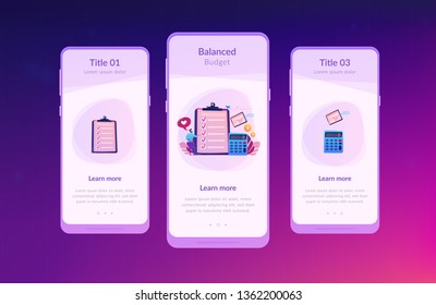 Financial analyst planning at checklist on clipboard, calculator and calendar. Budget planning, balanced budget, company budget management concept. Mobile UI UX GUI template, app interface wireframe