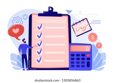 Financial analyst planning at checklist on clipboard, calculator and calendar. Budget planning, balanced budget, company budget management concept. Living coral bluevector isolated illustration