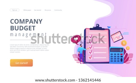 Financial analyst planning at checklist on clipboard, calculator and calendar. Budget planning, balanced budget, company budget management concept. Website vibrant violet landing web page template.