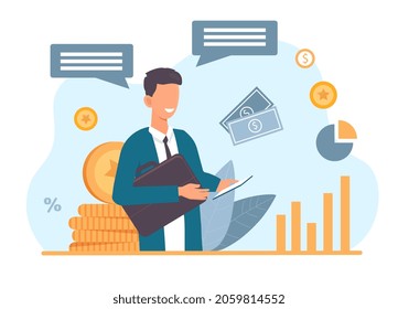 Financial analyst reads reports. Man looks at profits and expenses of company. Financial literacy, investment, money, stock, coins. Cartoon flat vector illustration isolated on white background