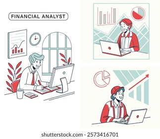 A financial analyst is sitting at a desk with a laptop. There are three different versions of the character