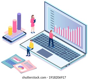 Financial analyst team. Professional businessmen analyzing business growth by statistical dashboard. Marketing research concept isometric design with person standing near monitor with success diagram