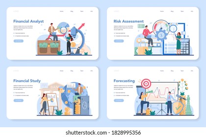 Financial Analyst Web Banner Or Landing Page Set. Business Character Making Financial Operation. Financial Study, Forecasting And Risk Assessment. Isolated Flat Vector Illustration