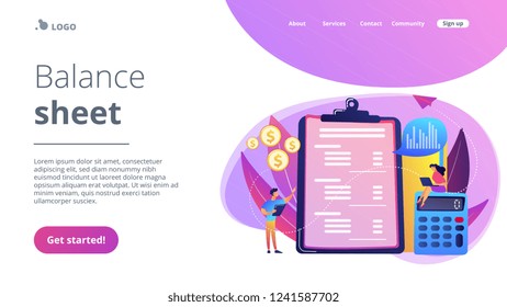 Financial analysts doing income statement with calculator and laptop. Income statement, company financial statement, balance sheet concept. Website vibrant violet landing web page template.